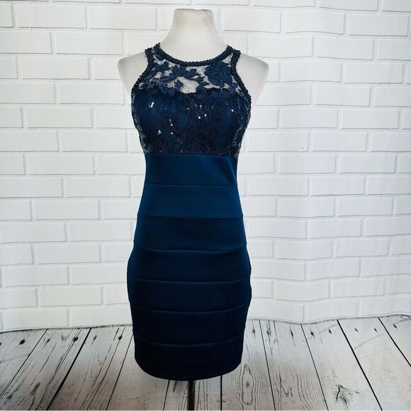 Sequin Hearts Navy Blue Sequin Bodycon Midi Dress - Size 7 - Picture 2 of 16
